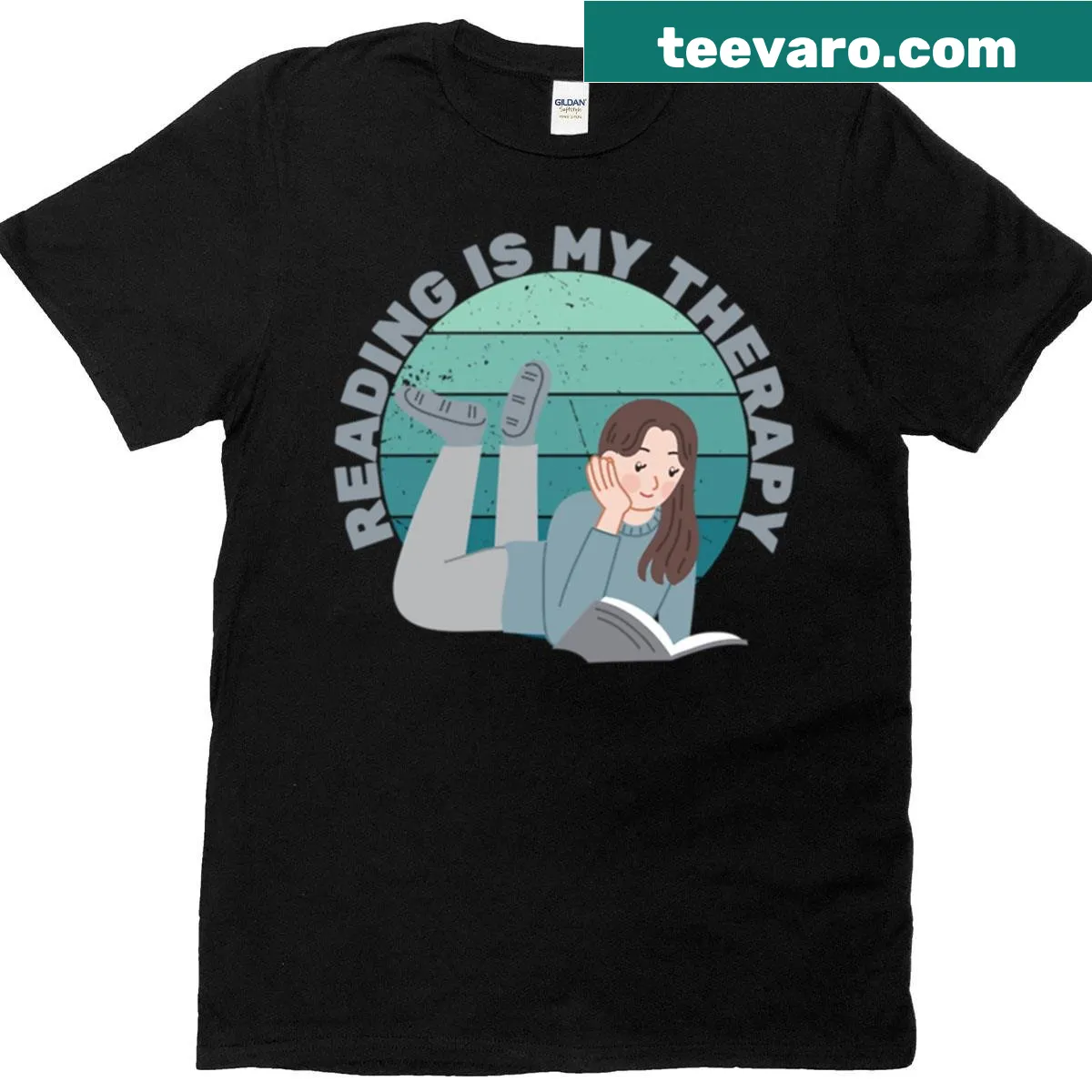 Typography design stating 'Reading Is My Therapy' on a T-shirt — on a men's t-shirt