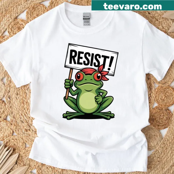 Cartoon frog holding a protest sign graphic on a t-shirt