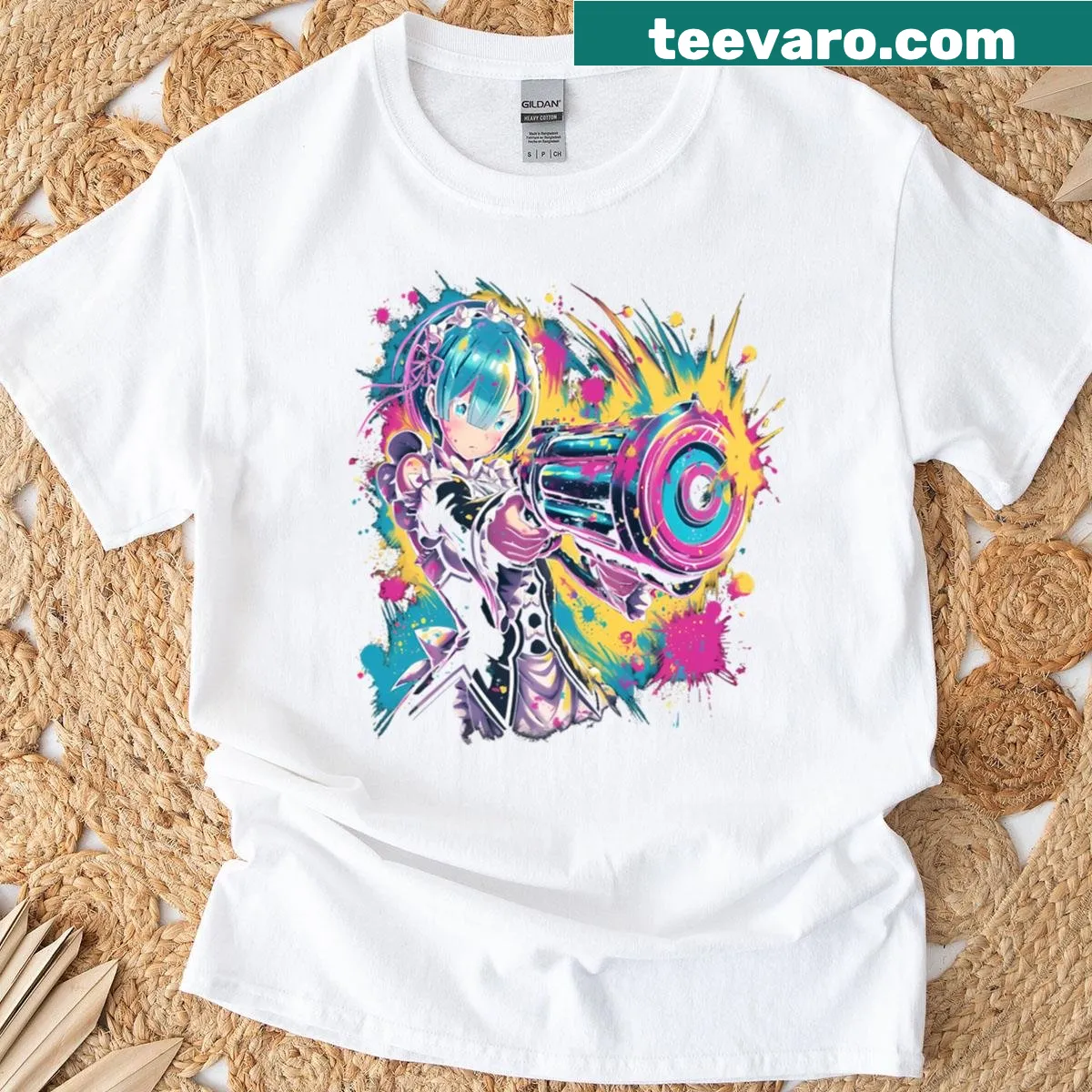 Illustration of Rem from Re:Zero with a pistol — on a men's t-shirt