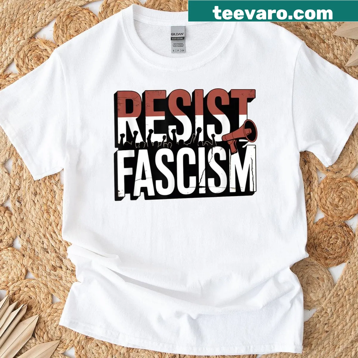 Bold text design advocating against fascism on T-shirt — on a men's t-shirt