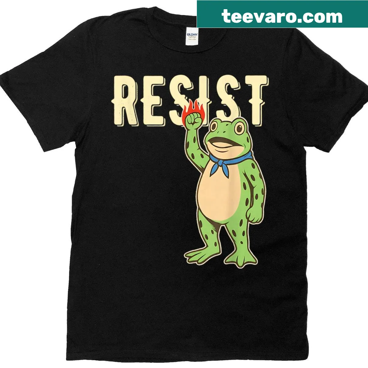 Political T-shirt featuring a frog with resistance message — on a men's t-shirt