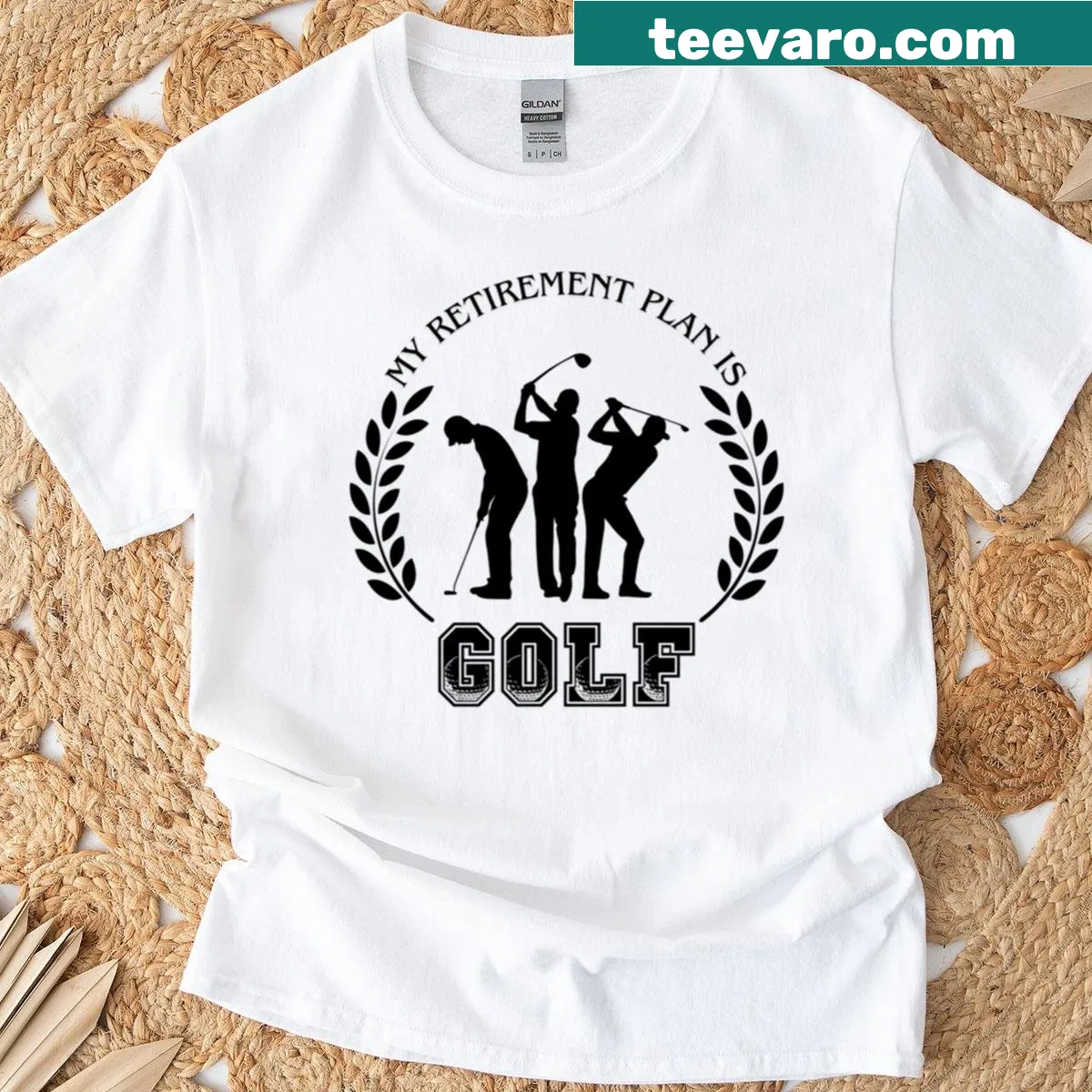 Illustrated retirement plan golf shirt with humorous text — on a men's t-shirt