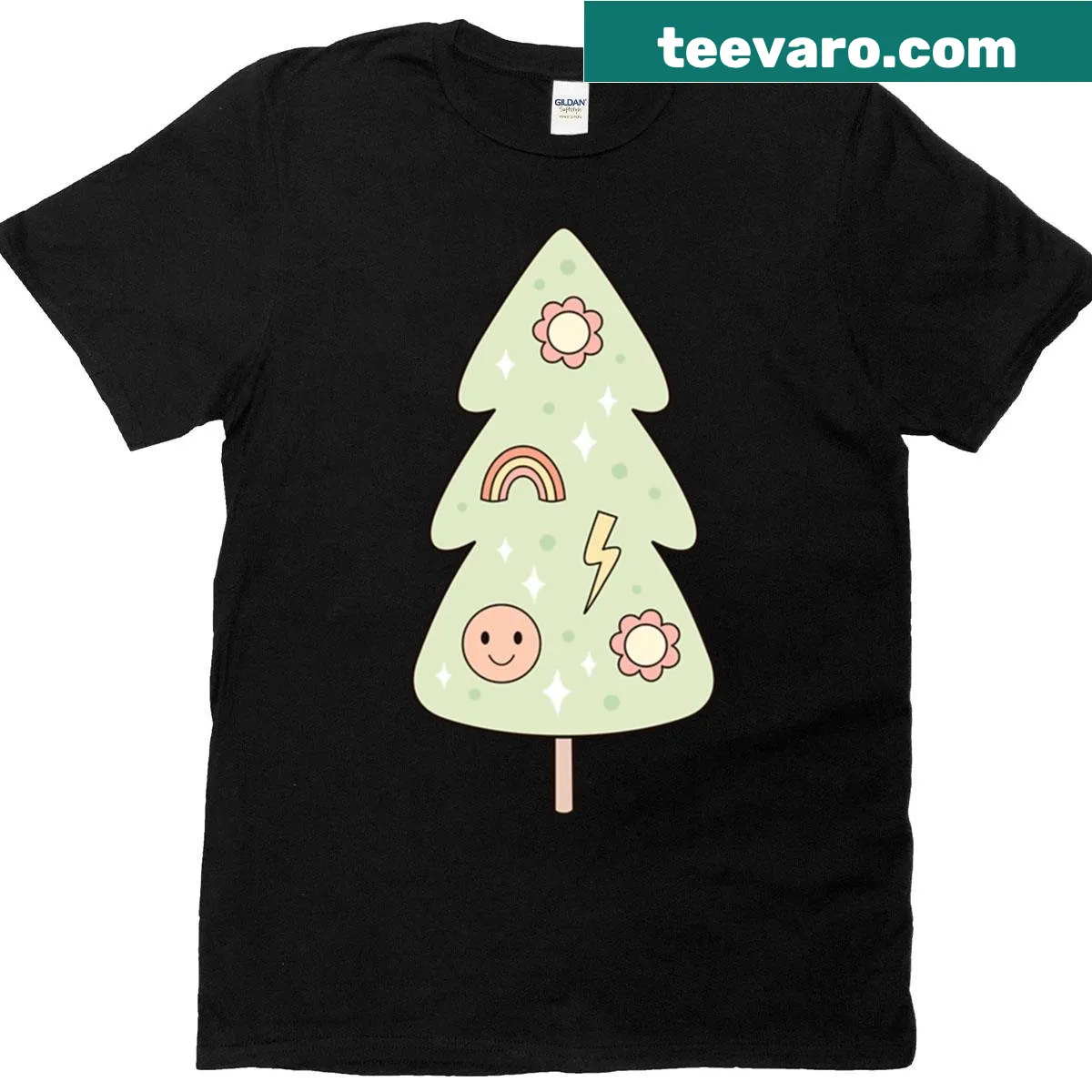 Retro Christmas tree adorned with festive decorations — on a men's t-shirt