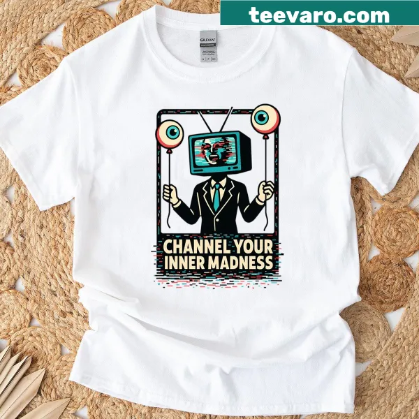 Cartoon t-shirt featuring retro TV head, eyeball, and balloons