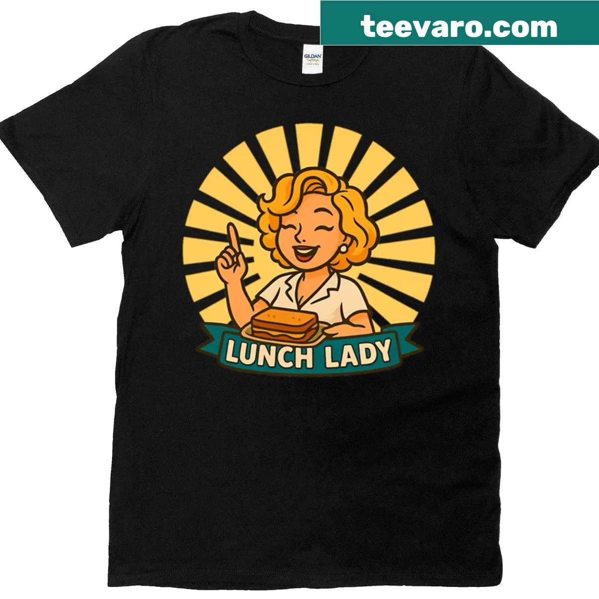 Oversized t-shirt with a vintage lunch lady graphic serving sandwiches. — on a men's t-shirt