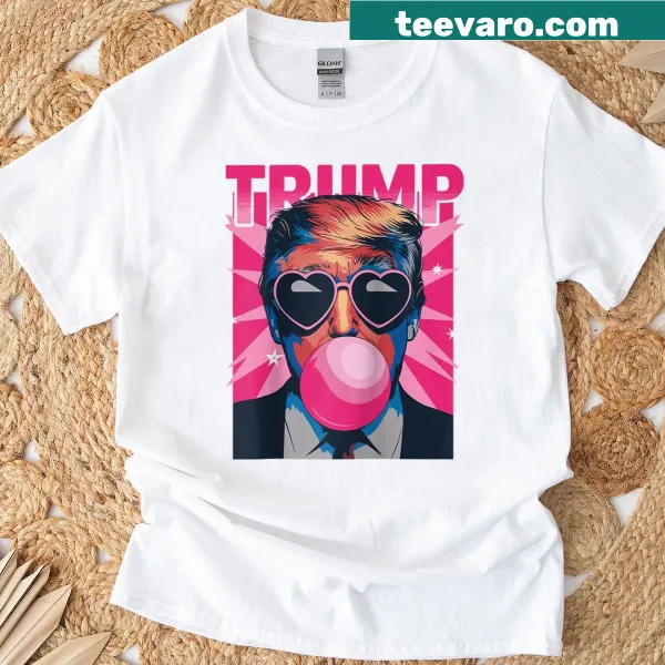 Cartoon Trump in pink sunglasses festive raglan tee.