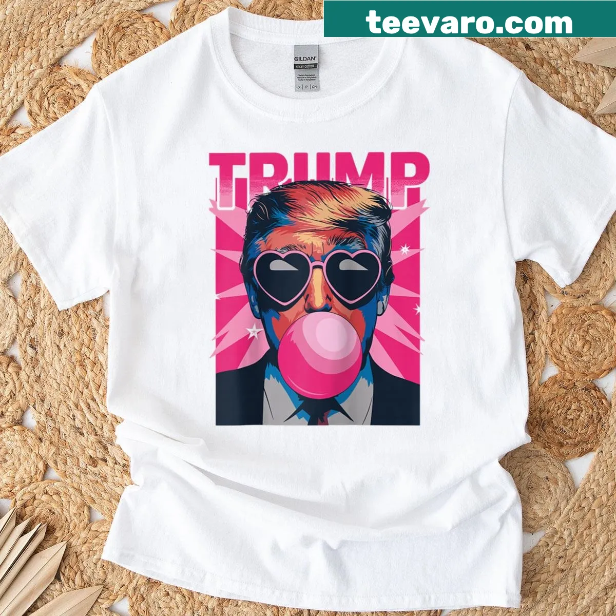 Cartoon Trump in pink sunglasses festive raglan tee. — on a men's t-shirt