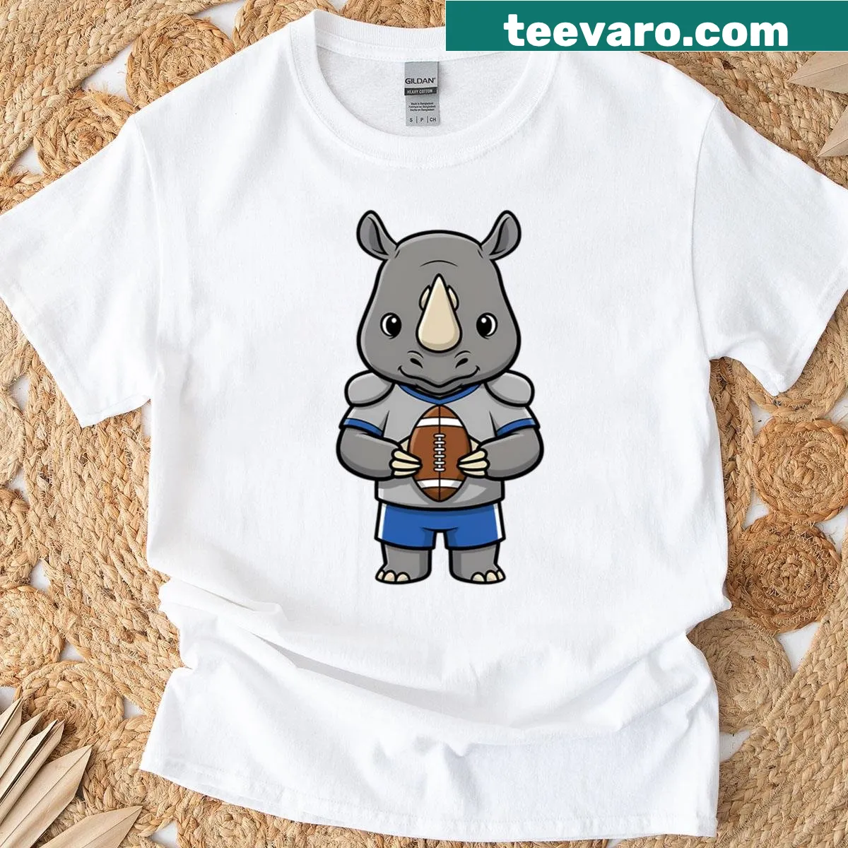 Illustration of a rhino as a football player mascot — on a men's t-shirt