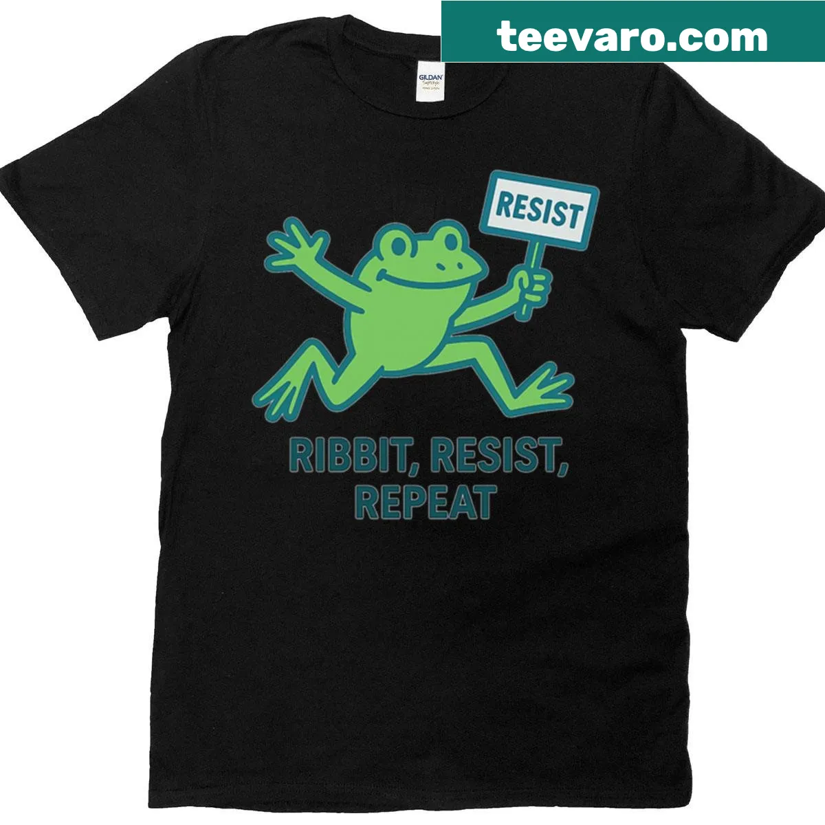 Minimalist frog graphic with text protest design t-shirt — on a men's t-shirt