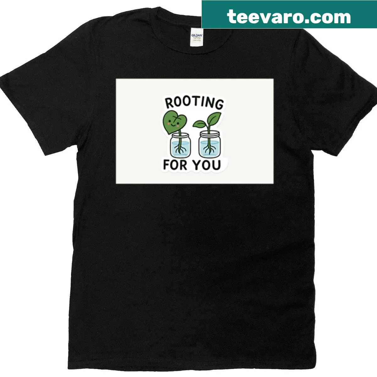 Illustration of a plant with the text 'Rooting For You' on t-shirt — on a men's t-shirt