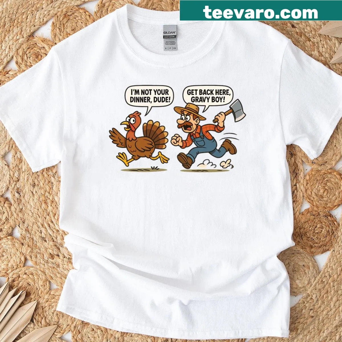 Funny cartoon turkey graphic on a Thanksgiving T-shirt — on a men's t-shirt