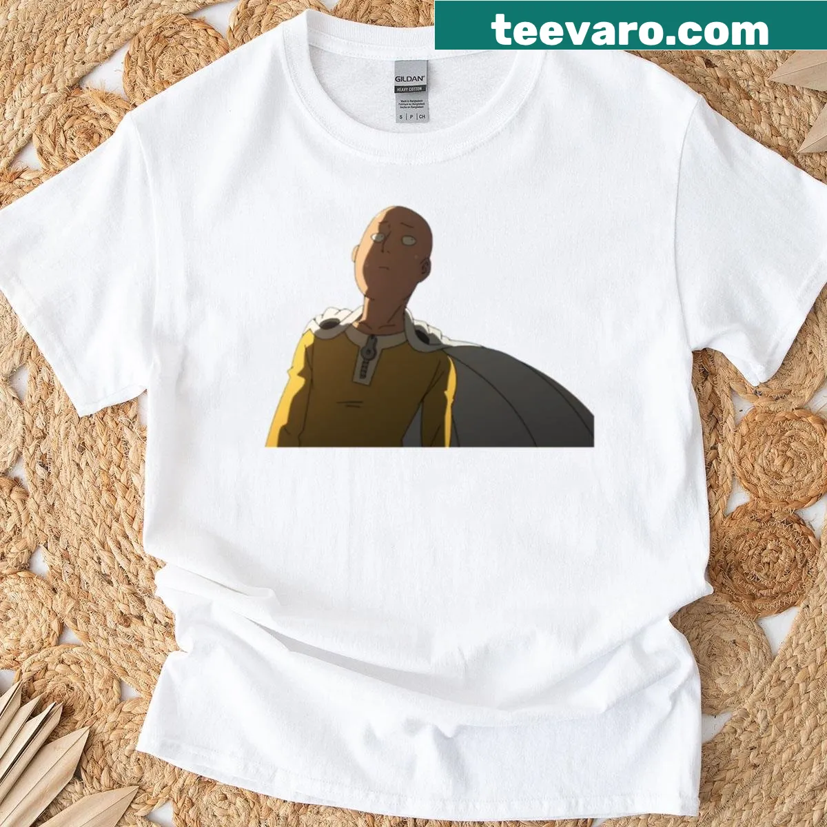 Saitama looking contemplative against a sky backdrop, from One Punch Man — on a men's t-shirt