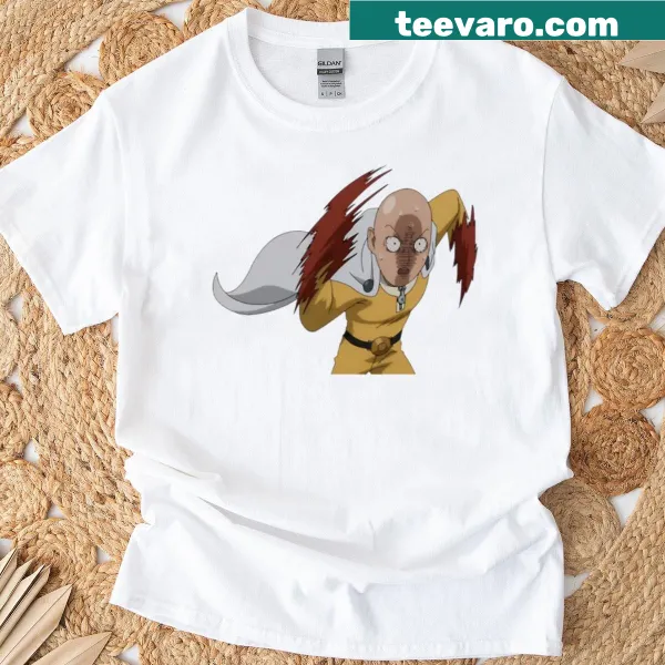 Saitama running graphic from One Punch Man on a T-shirt