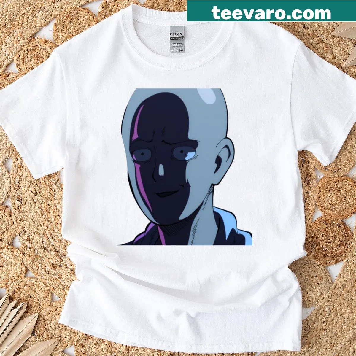Saitama's shocked face graphic from One Punch Man on a T-shirt — on a men's t-shirt