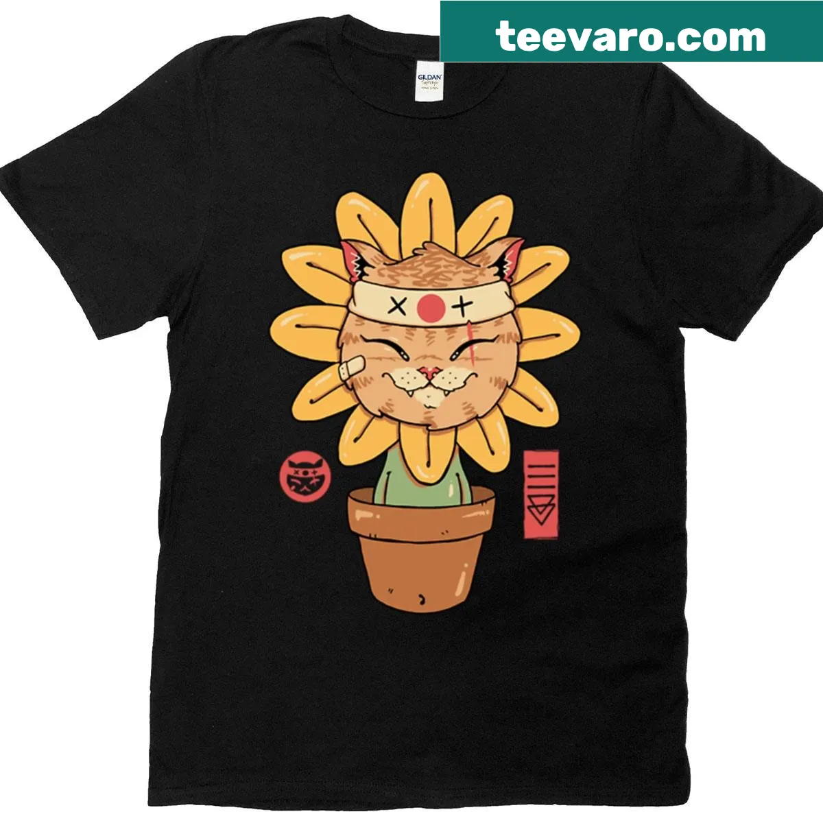 Kawaii samurai cat design with flowers on a t-shirt — on a men's t-shirt