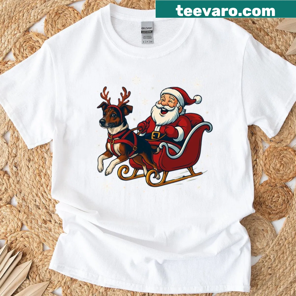 Cute cartoon t-shirt of Santa with his reindeer dog — on a men's t-shirt
