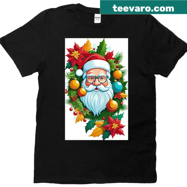 Santa Claus with a Christmas tree and gifts in a festive design.