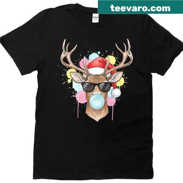 Cute Santa deer wearing sunglasses illustration on a kid's t-shirt