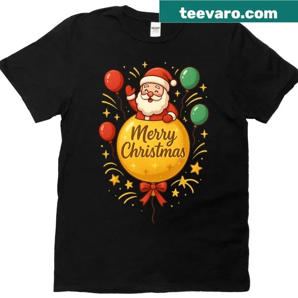 Santa popping out of a golden balloon graphic T-shirt for Christmas