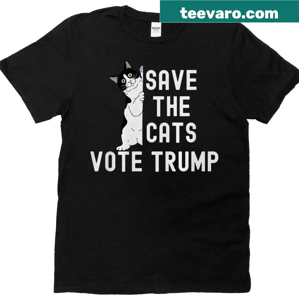 Funny political cat humor shirt with text about saving cats and voting — on a men's t-shirt