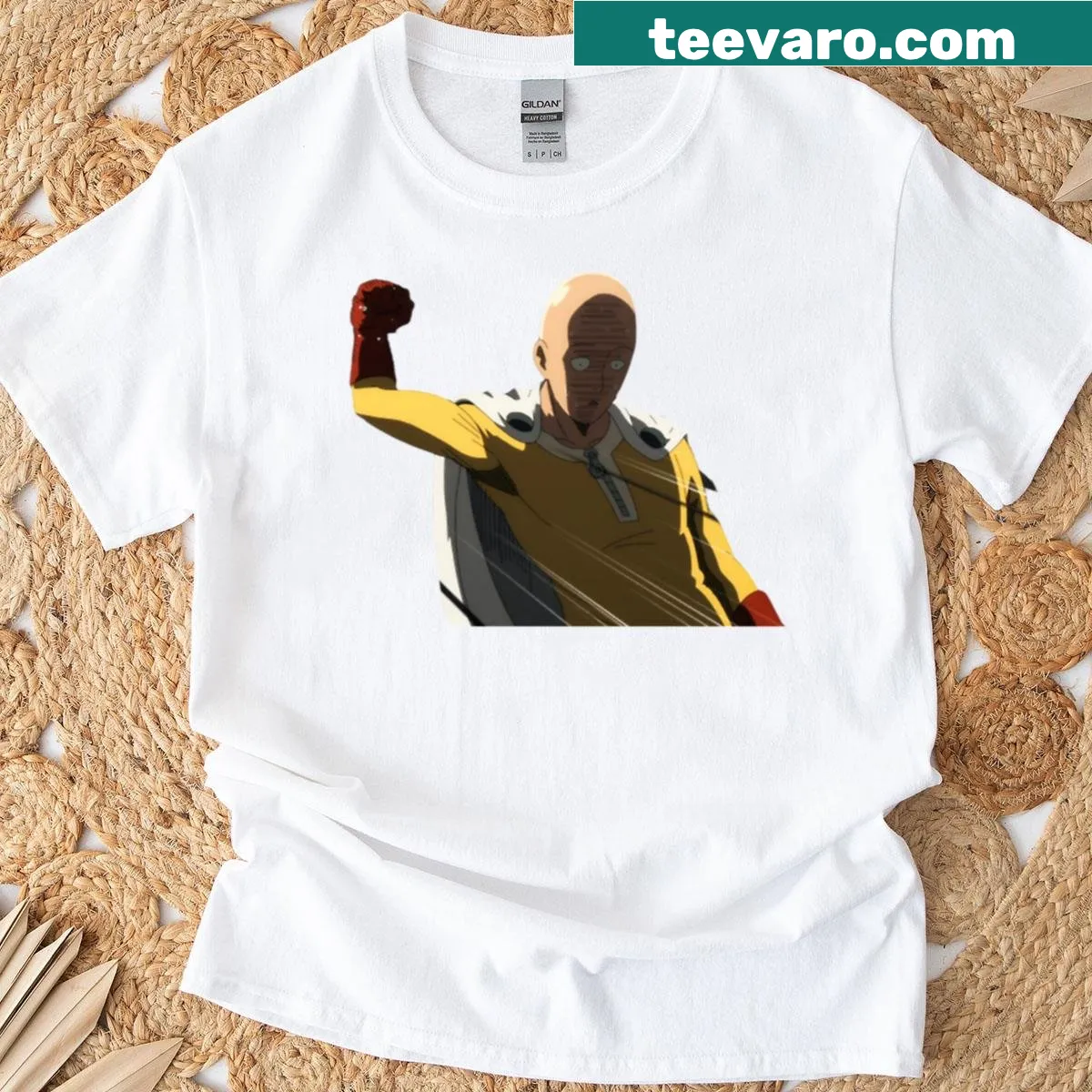 Graphic t-shirt featuring Saitama in Serious Punch Mode from One Punch Man. — on a men's t-shirt