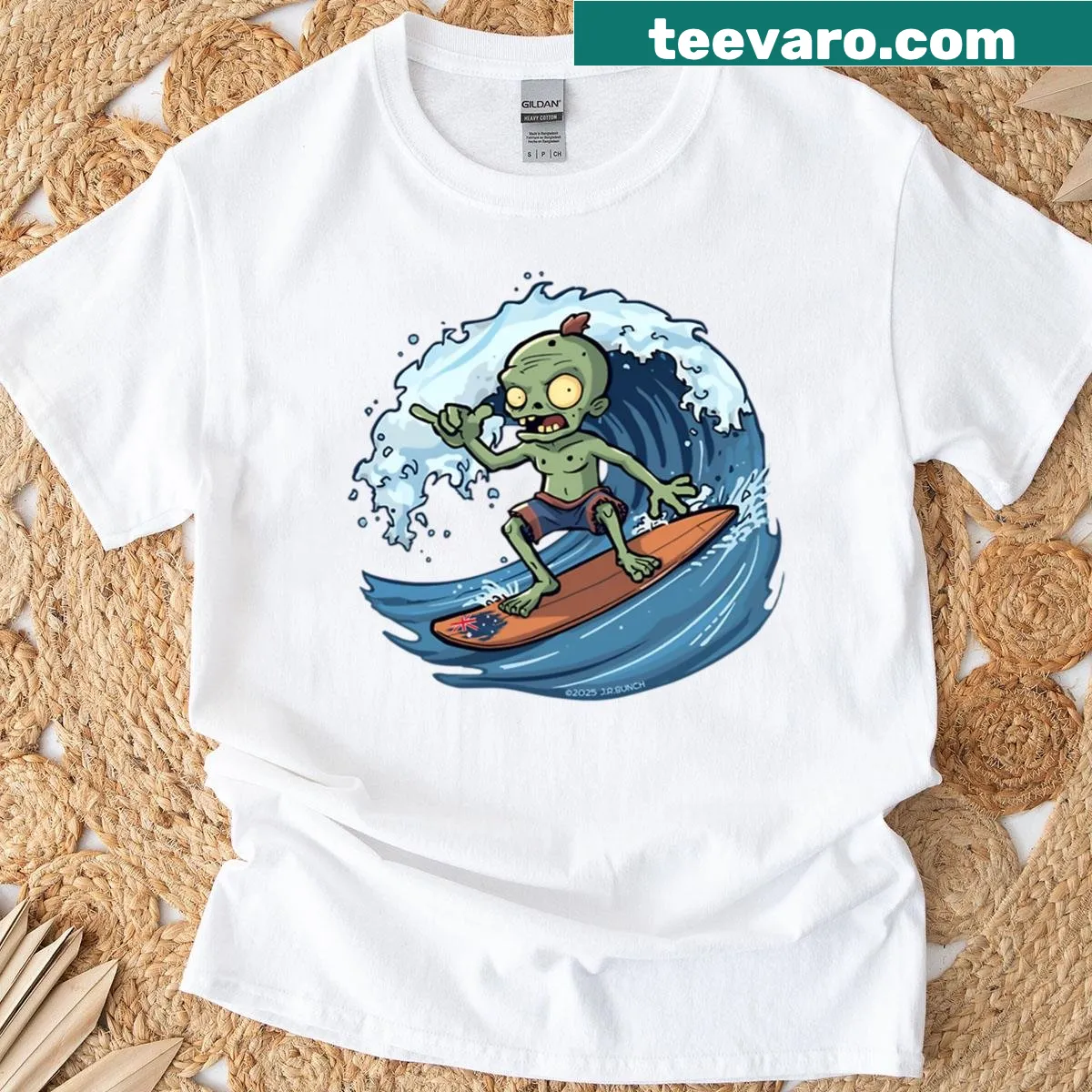 Cartoon zombie surfer giving a shaka sign — on a men's t-shirt