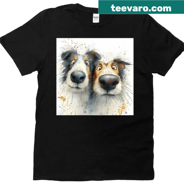 Illustration of Shetland Collies on a T-shirt titled 'Sheltie Love'.