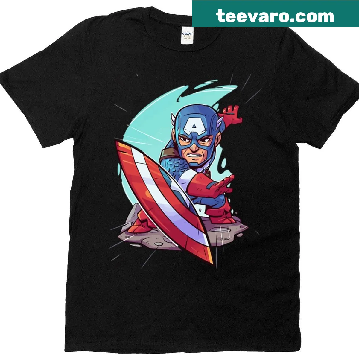 Heroic shield and figure illustration on oversized t-shirt — on a men's t-shirt
