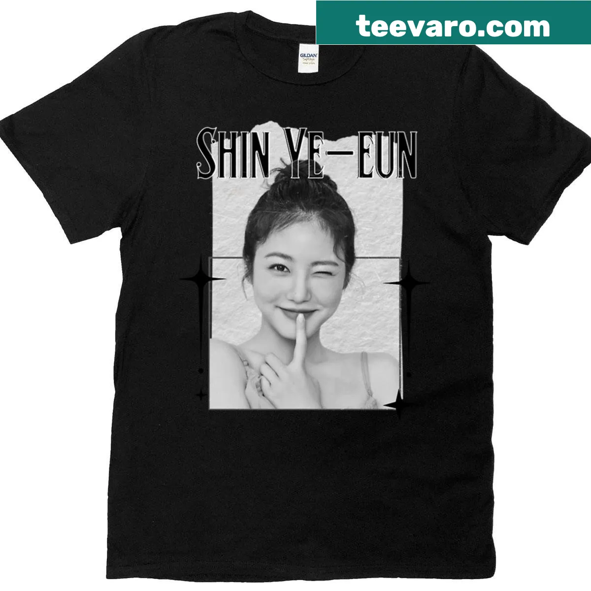 Vintage scrapbook collage of Shin Ye-eun for a cozy look — on a men's t-shirt