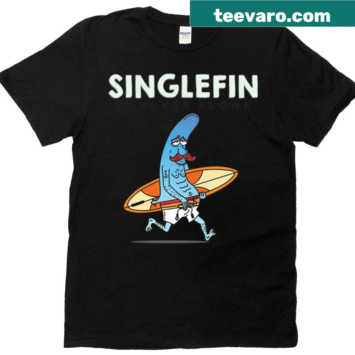 Cartoon surfboard and Forever Alone text graphic on T-shirt — on a men's t-shirt