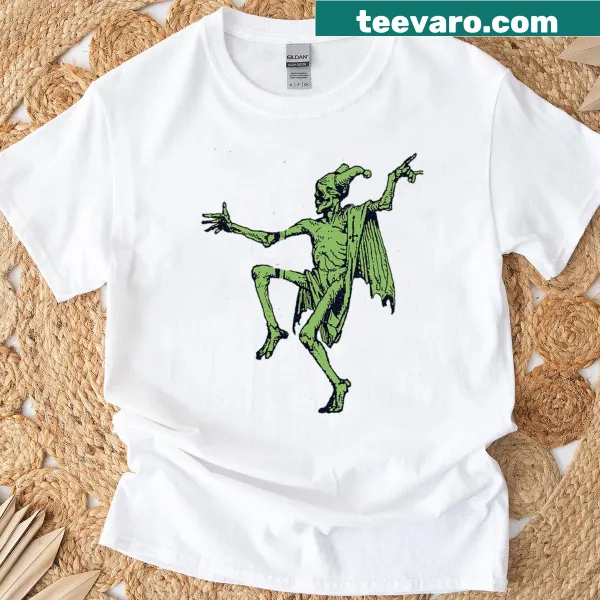 Oversized t-shirt featuring a lively dance of cartoon skeletons