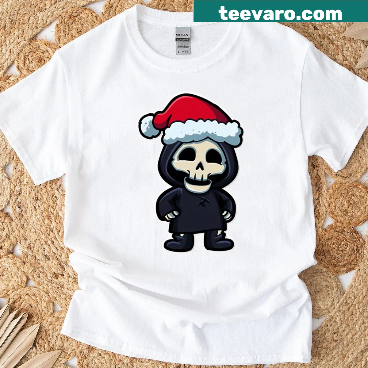 Cute cartoon t-shirt featuring a Skeletor mask with holiday elements — on a men's t-shirt