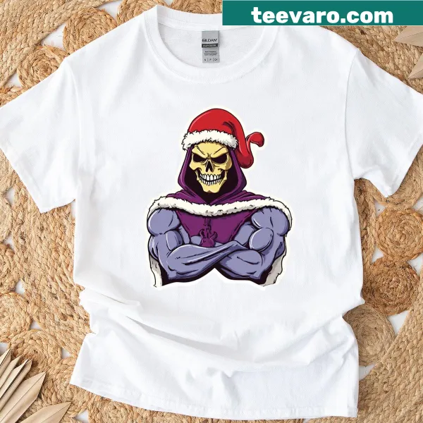 Cartoon Skeletor as Santa Claus graphic on a t-shirt