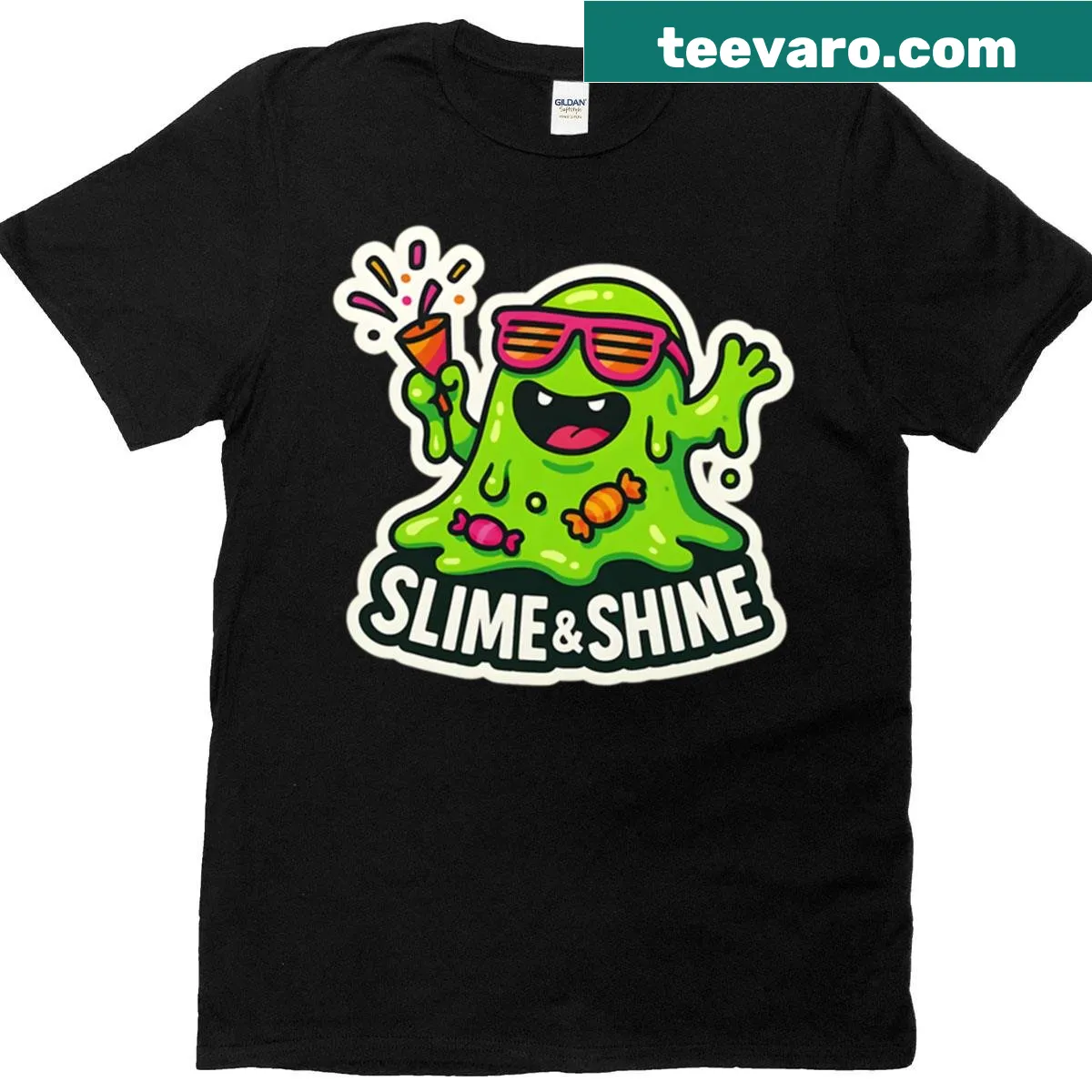 Cartoon slime design with candy elements — on a men's t-shirt