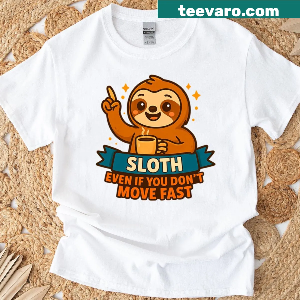 Oversized T-shirt with a sloth enjoying coffee — on a men's t-shirt