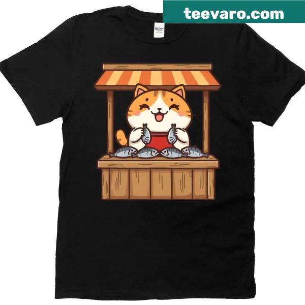 Cute illustration of a cat vendor at a Japanese market