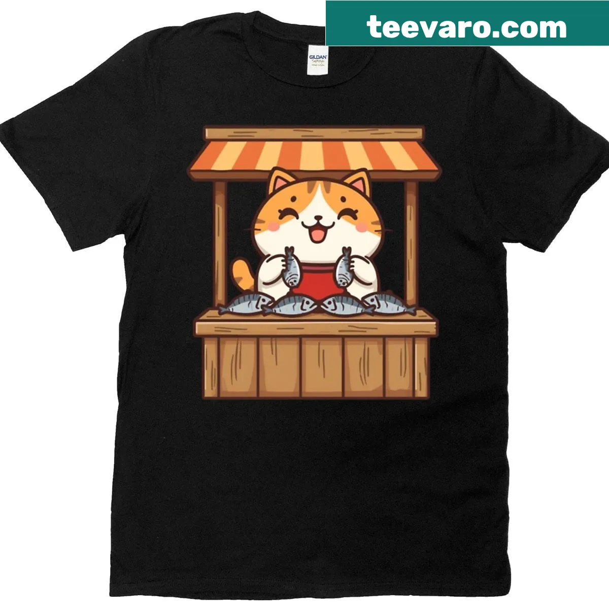 Cute illustration of a cat vendor at a Japanese market — on a men's t-shirt