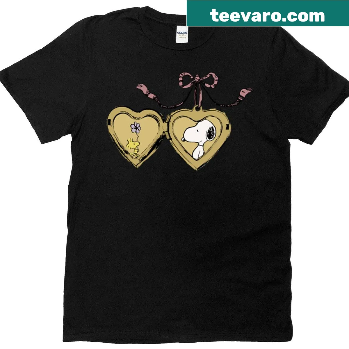 T-shirt featuring Snoopy and Woodstock in a cartoon love design — on a men's t-shirt