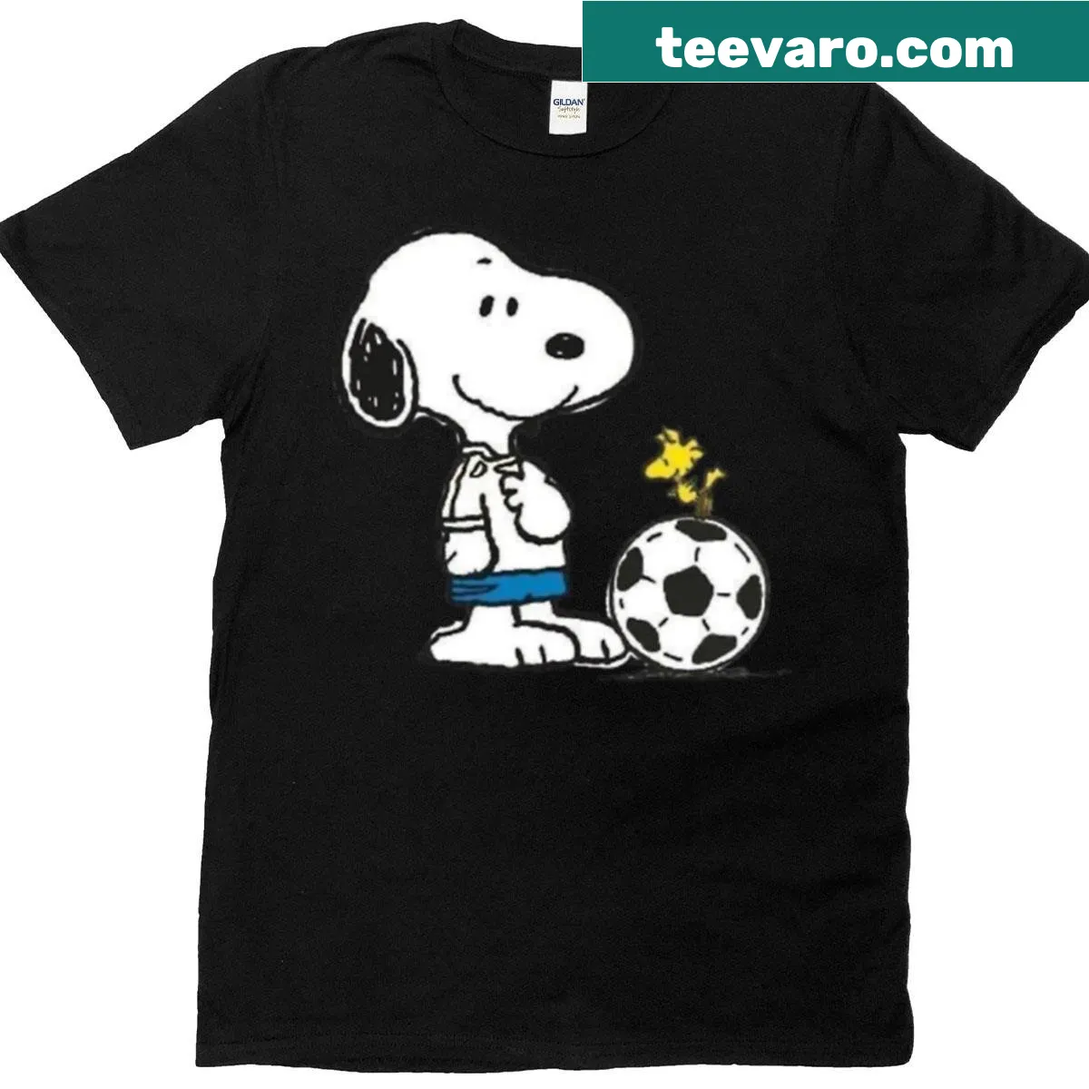 Snoopy playing football cartoon graphic t-shirt — on a men's t-shirt