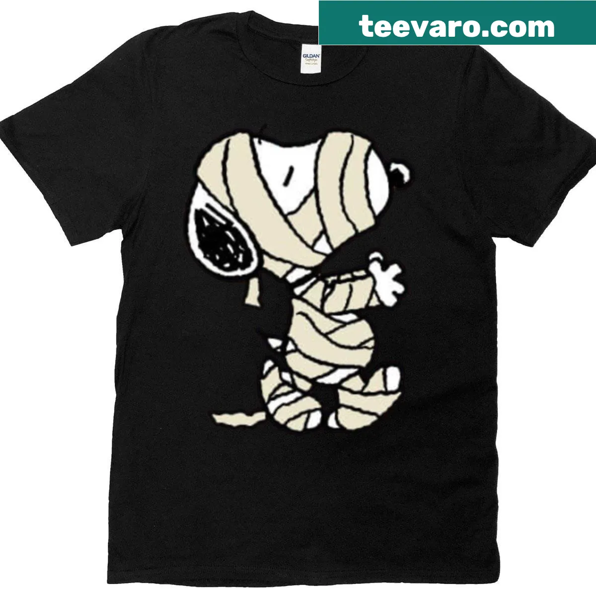 Cartoon graphic of Snoopy as a mummy on a T-shirt — on a men's t-shirt