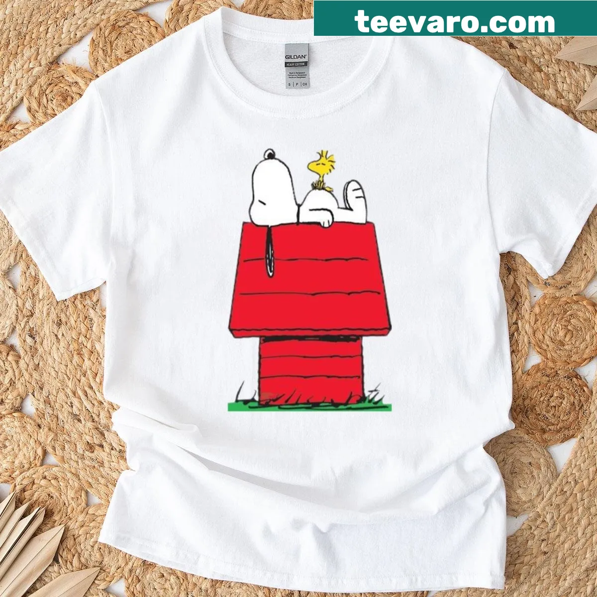 Snoopy and Woodstock cartoon design on a doghouse graphic t-shirt — on a men's t-shirt