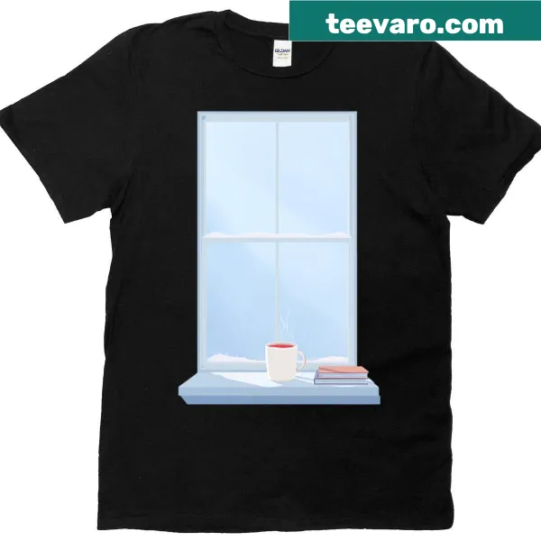 T-shirt featuring a snowy window scene and calm night sky illustration