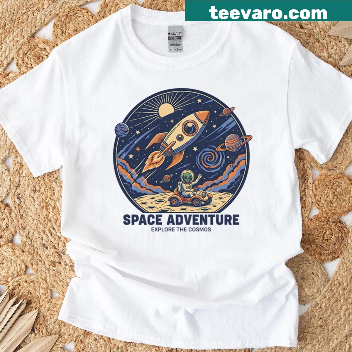 Whimsical graphic design of a space adventure — on a men's t-shirt