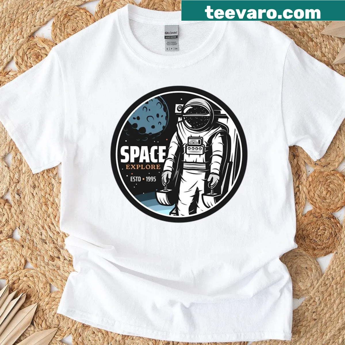 Astronaut T-shirt depicting space exploration theme — on a men's t-shirt