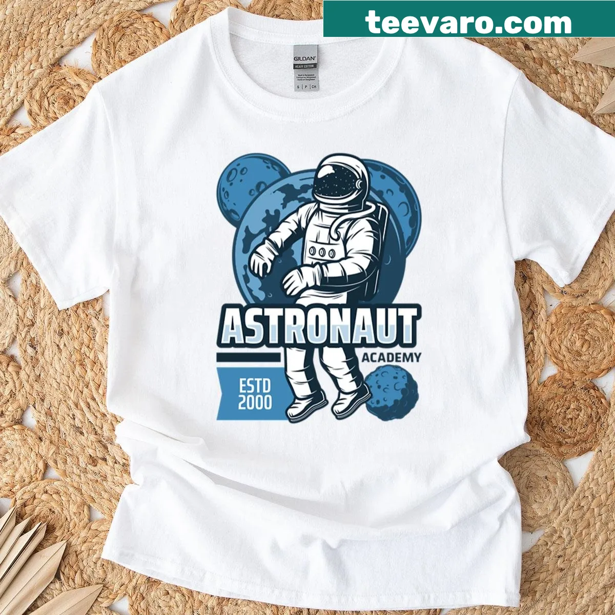 Astronaut exploring space in a galaxy design — on a men's t-shirt