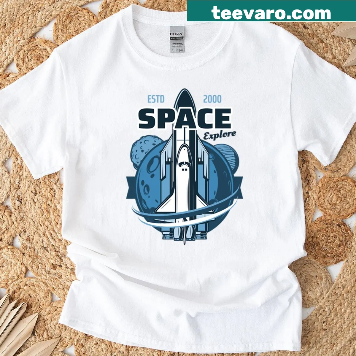 T-shirt featuring a rocket exploring the galaxy — on a men's t-shirt