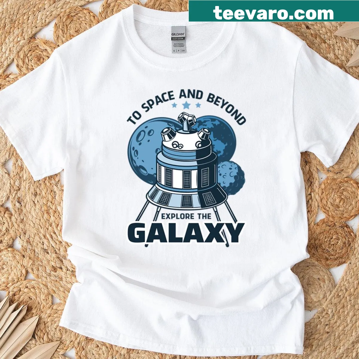 Illustration of a satellite exploring the galaxy on a t-shirt — on a men's t-shirt