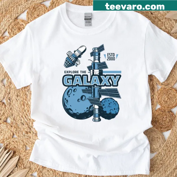 Cartoon space station design with planets and stars on a T-shirt