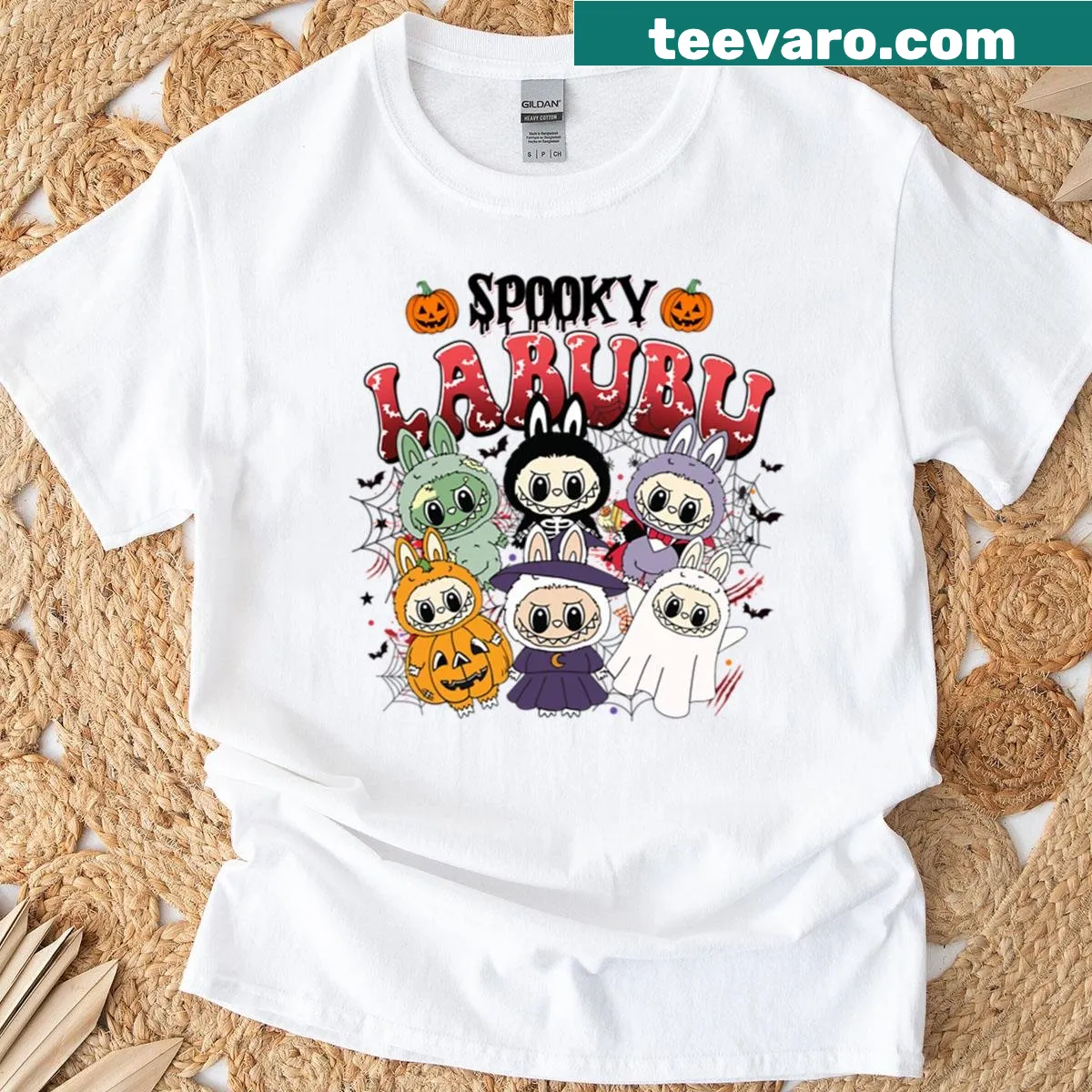 Labubu-style Halloween graphic with zombie, pumpkin, and vampire — on a men's t-shirt