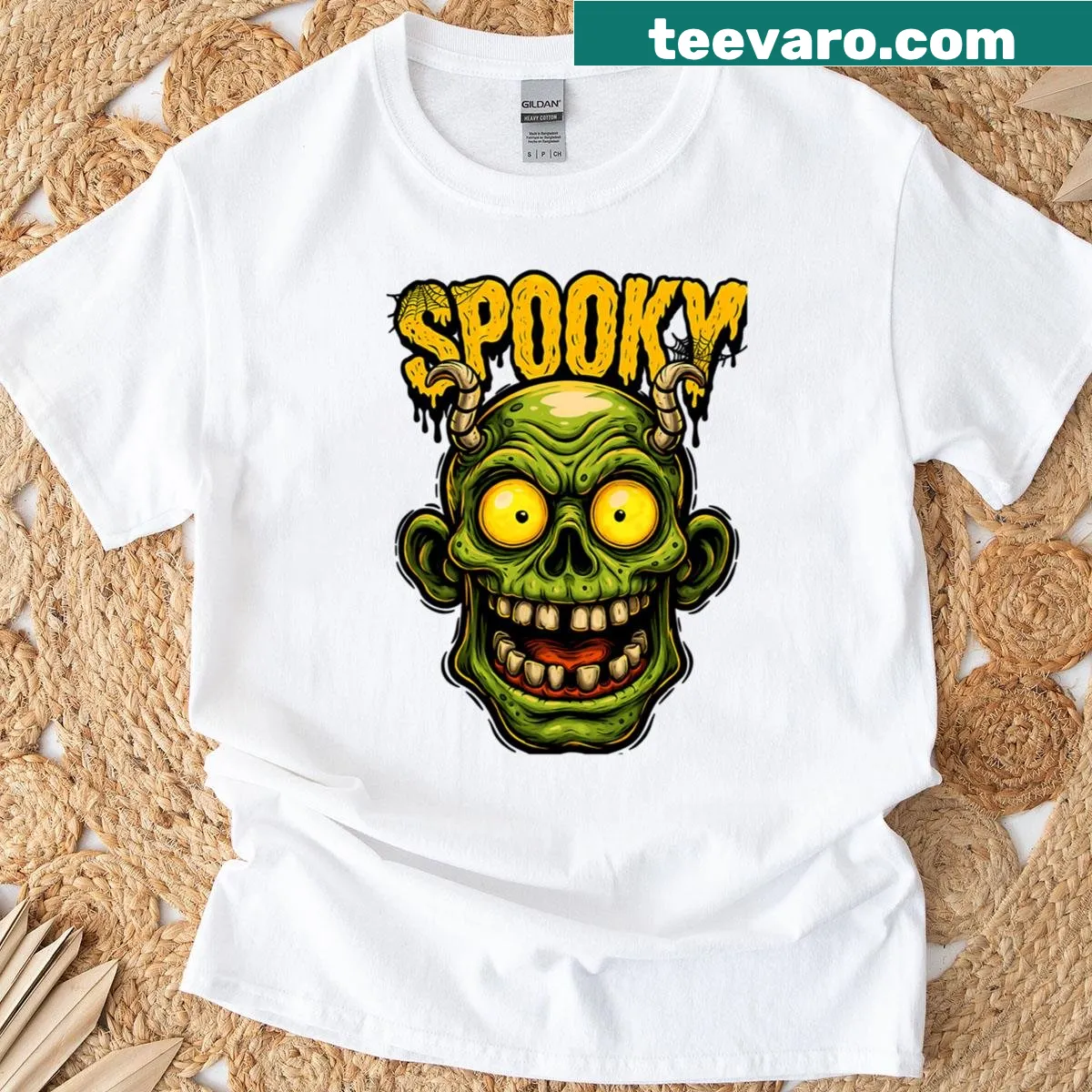 Creepy cartoon zombie head Halloween t-shirt — on a men's t-shirt